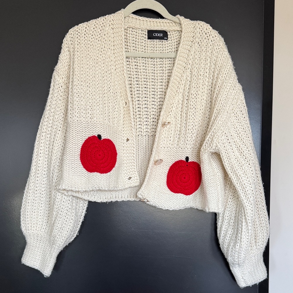 Cream Knit Cardigan with Red Apple Accents